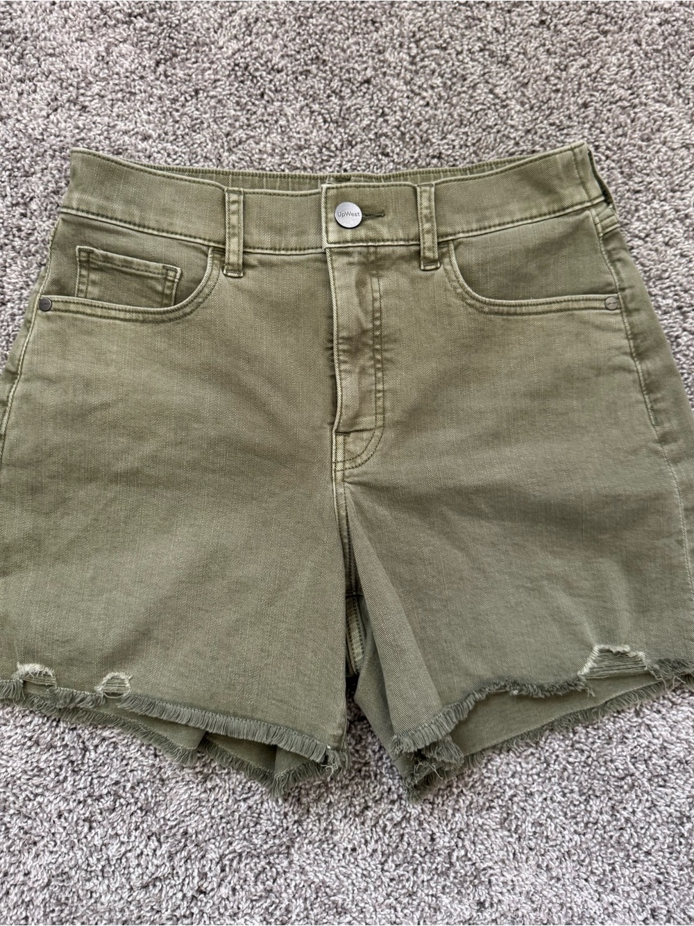 High-Rise Olive Green Denim Shorts with Frayed Hem